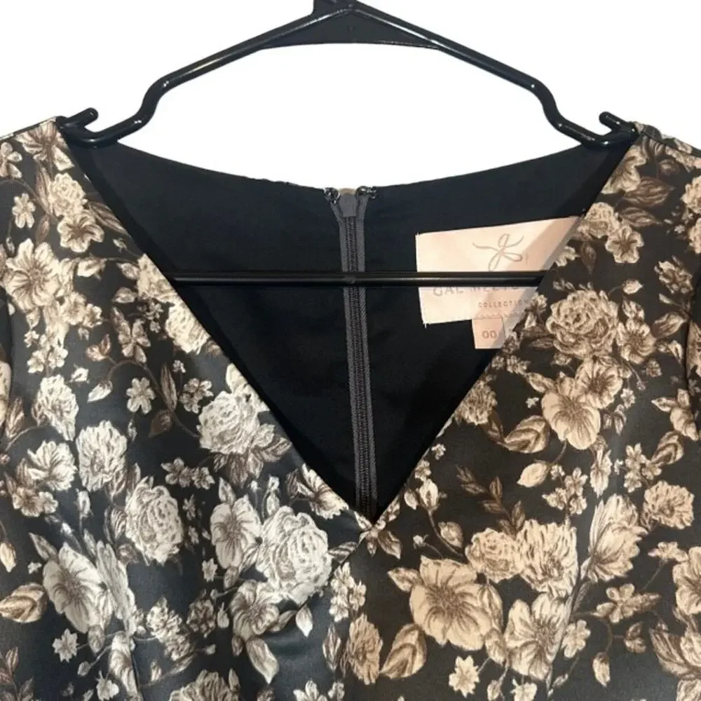 Gal Meets Glam Black Floral Short Cap Sleeve V-Neck Sheath Dress Women Sz 00
